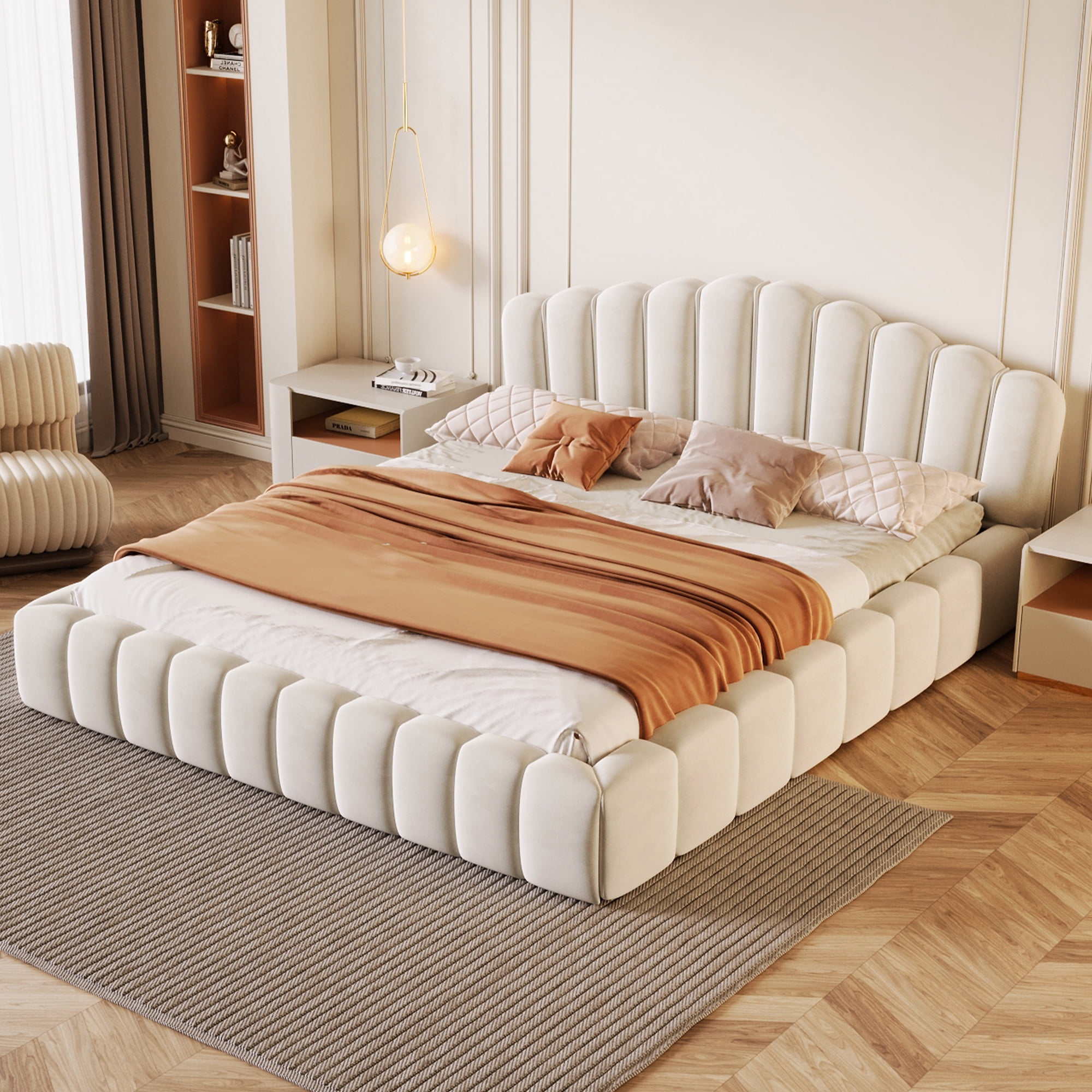 PORKISS Queen Bed Frame, Queen Platform Bed with Velvet Upholstered and Shell-Shaped Headboard, Modern Wood Bed Frame for Bedroom, No Box Spring Needed, Beige