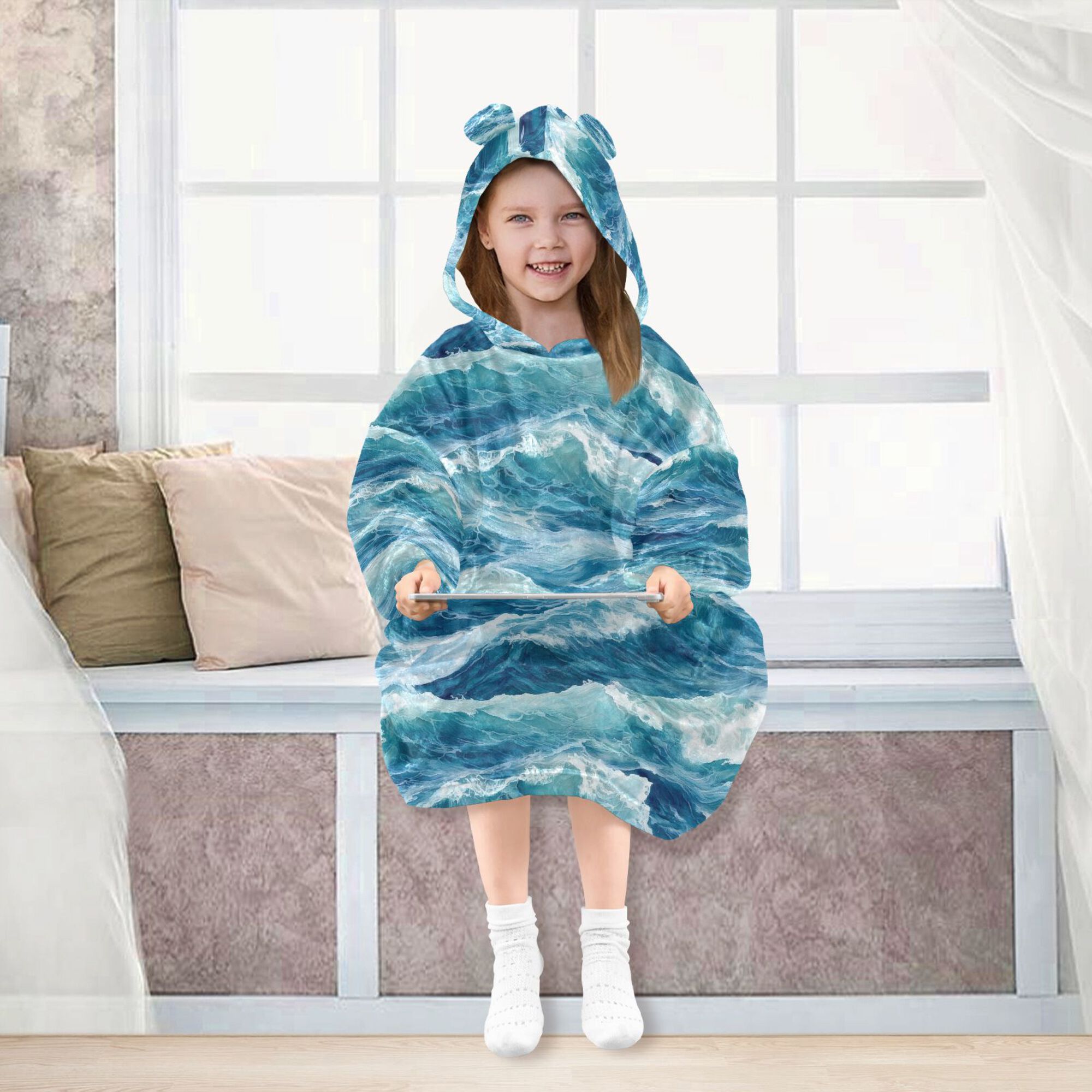 FORMRS Wearable Blanket Hoodie with Sleeves for Kids Cozy Flannel Sweatshirt, Green Watercolor Ocean Waves