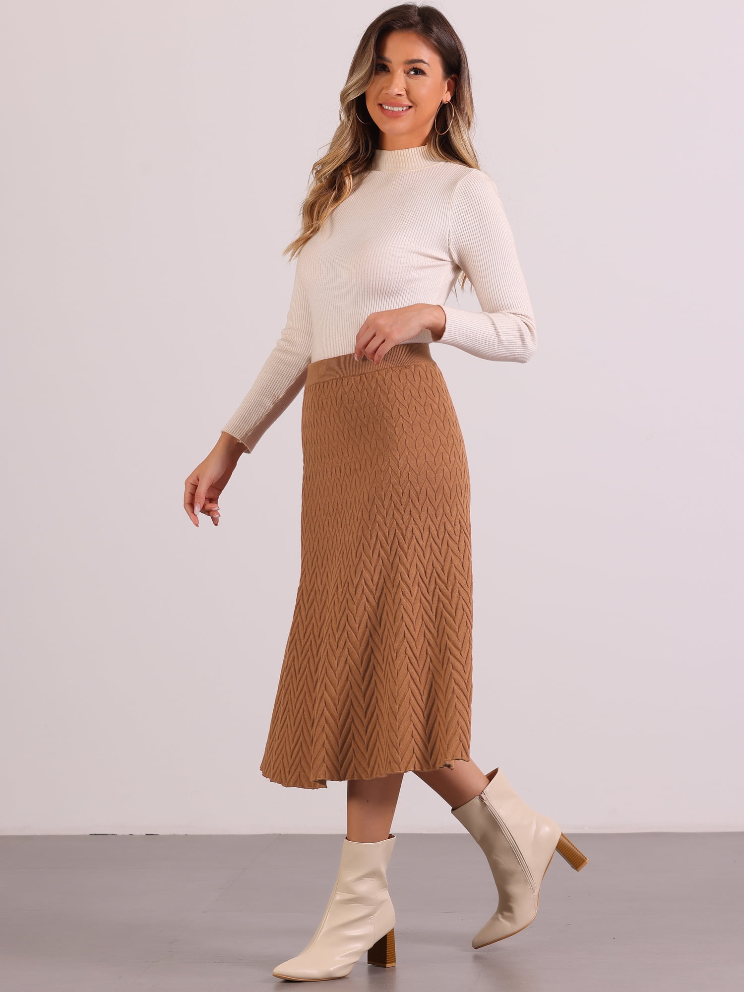 DARING DIVA Women's High Waist Fall Stretchy Fishtail Cable Knit Midi Skirts L Camel