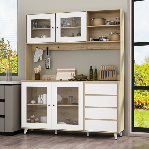 KULAGAGA Buffet Cabinet Sideboard with 4 Drawers, Microwave Storage Cabinet for Dining Room Kitchen, Brown