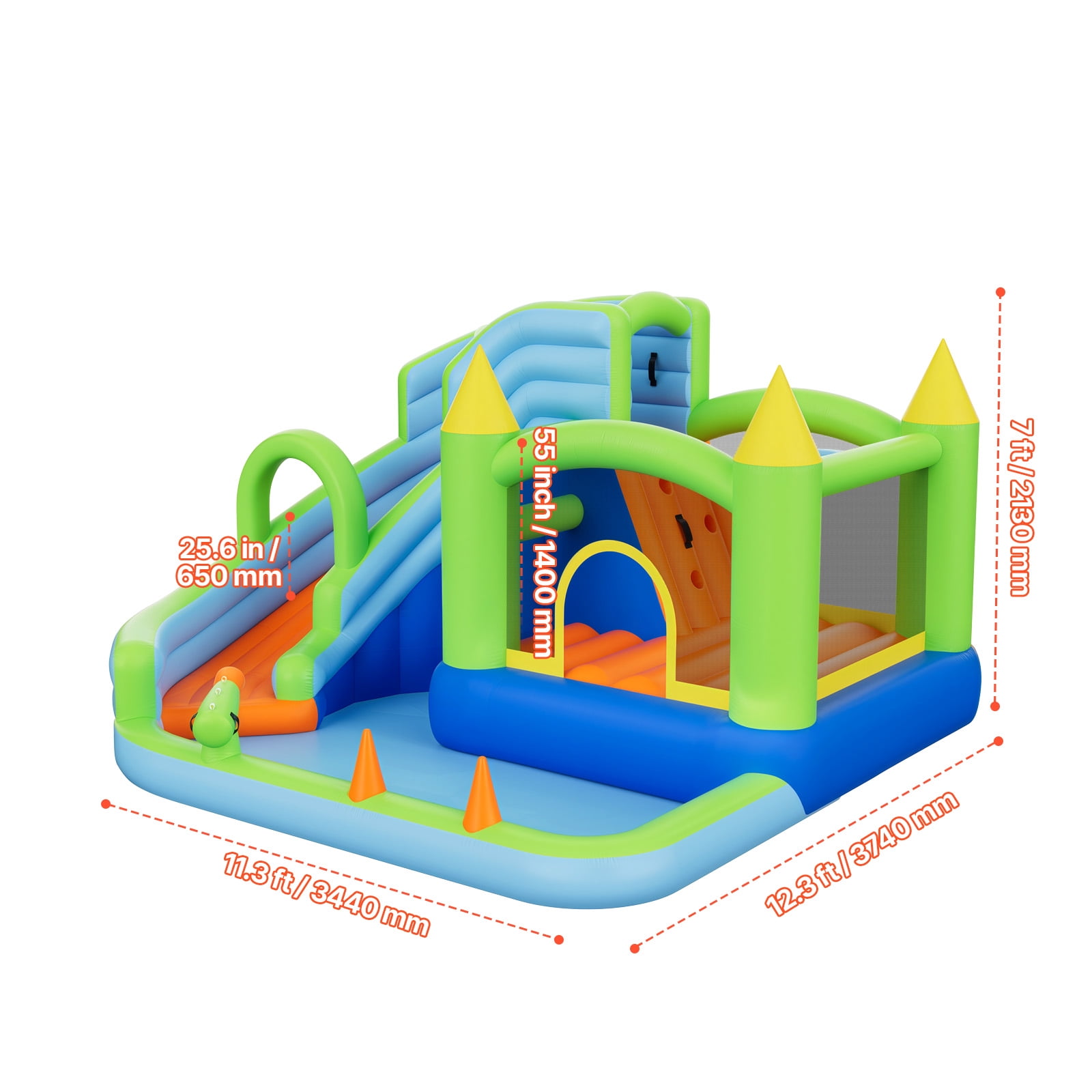 KFFKFF Inflatable Bounce House with Water Slide, 11.3 x 12.3 x 7.0 ft Bouncer Castle Featuring Jump Area, Basketball Hoop, Splash Pool, and Water Ring Toss, Suitable for 3-4 Kids Aged 3-8