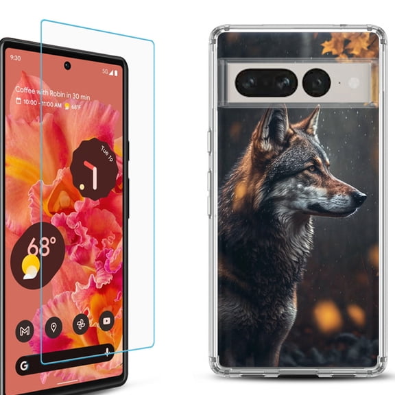 Shockproof Bumper Phone Case for Google Pixel 7, with Tempered Glass Screen Protector, by OneToughShield ® - Wolf Autumn
