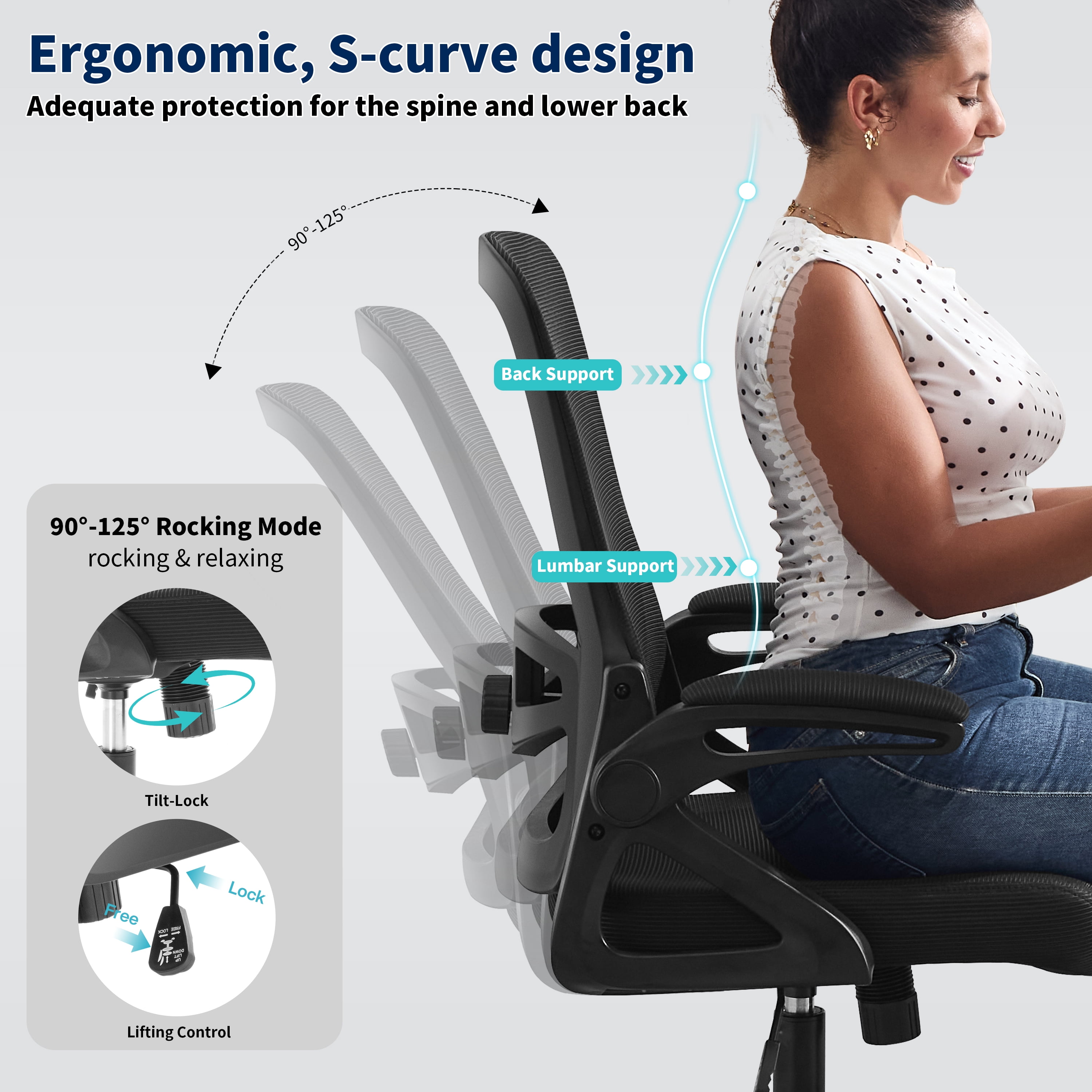 Nexthro Ergonomic Office Chair, Desk Chair with Adjustable Lumbar Support, Breathable Mesh Comfy Computer Chairs with Flip-up Armrests Executive Task Chair for Adults Home Office(Black)
