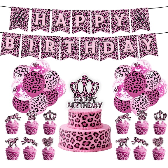 Pink Leopard Party Tableware Set,Pink Cheetah Plates, Napkins and Forks,Spoons,Cup,Tablecloth,Cake Topper,Balloons,Disposable Dinnerware for Girls Birthday,Baby Shower,Safari Party Supplies