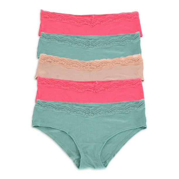 No Boundaries Women's Ribbed Hipster Panties with Lace, 5Pack