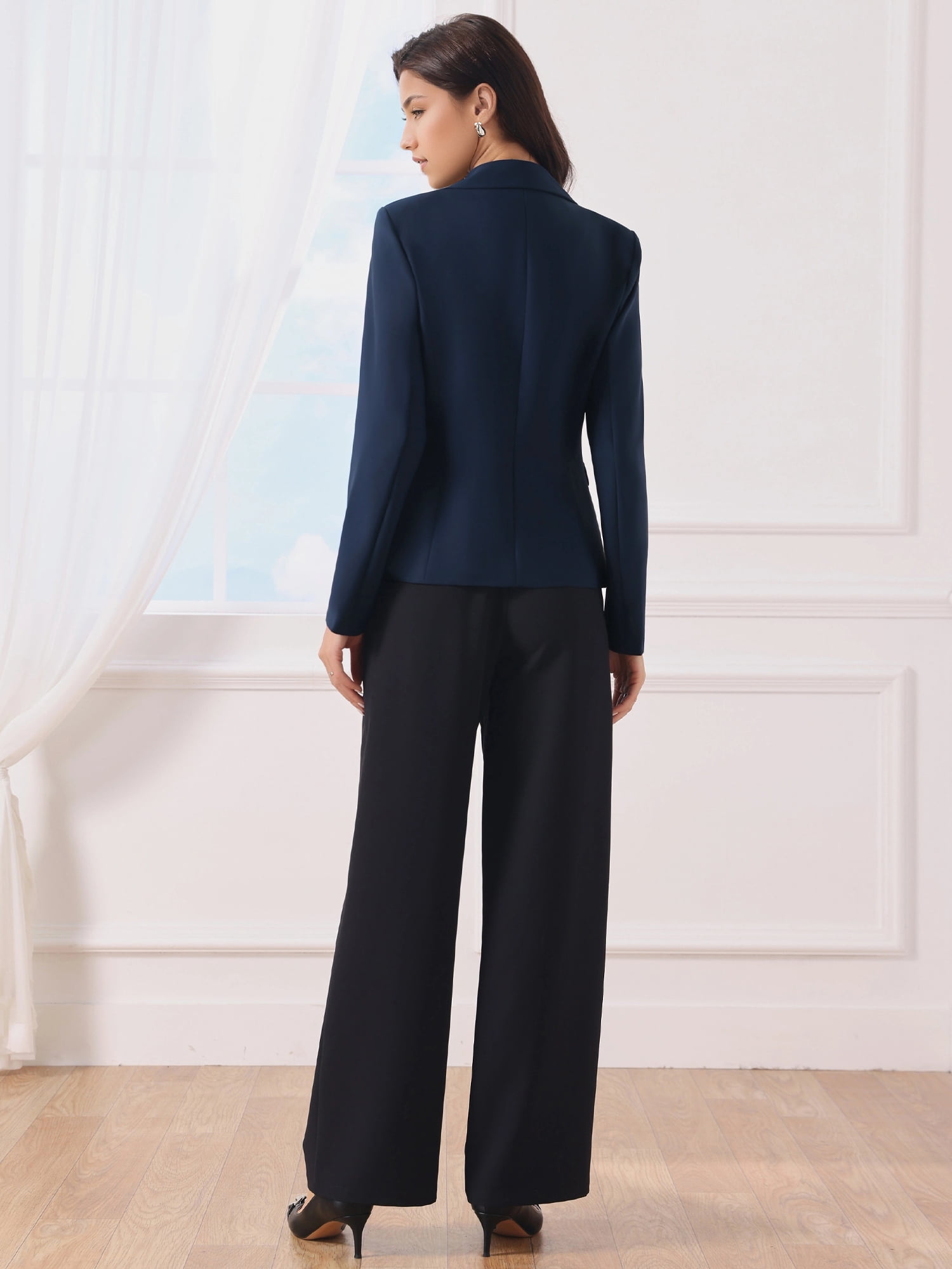 DARING DIVA Women's Lapel Collar Long Sleeve Suit Blazer Jacket L Navy Blue