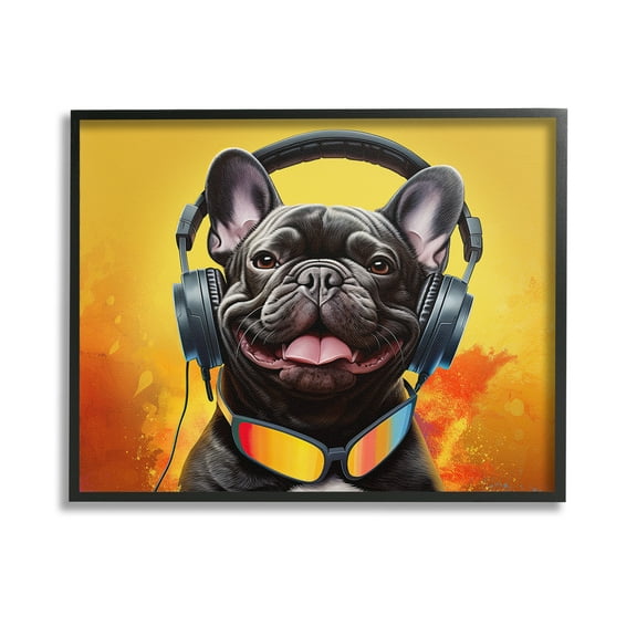 Stupell Industries Modern Dog with Headphones Animals & Insects Painting Black Framed Art Print Wall Art, 14 x 11