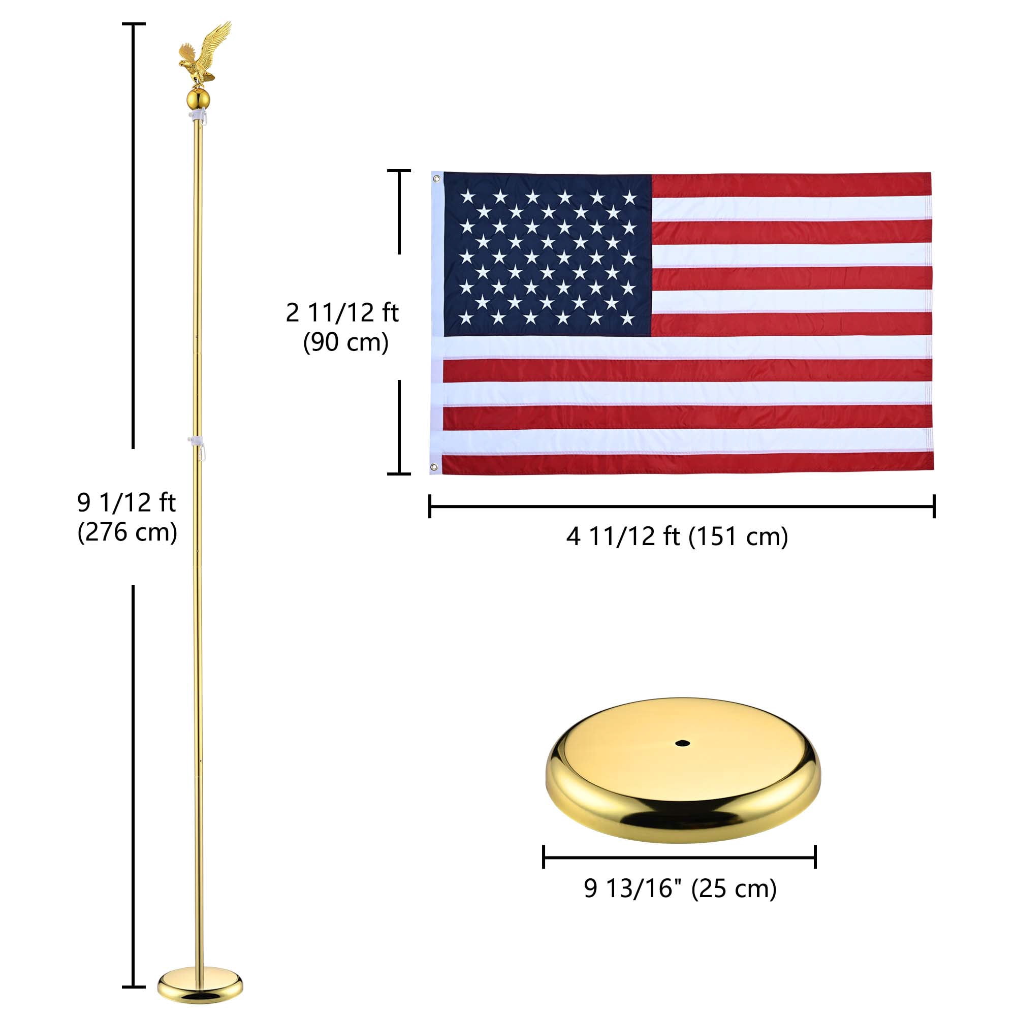 Yescom 8Ft Indoor Flag Pole Kit Eagle Topper Aluminum Gold Pole with Base 3x5Ft US Flag for Office School City Hall 2Pcs