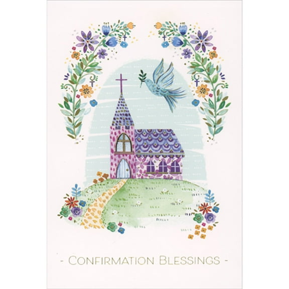 Pictura Blue Dove Over Intricate Colorful Spring Church on Grassy Hill Confirmation Congratulations Card
