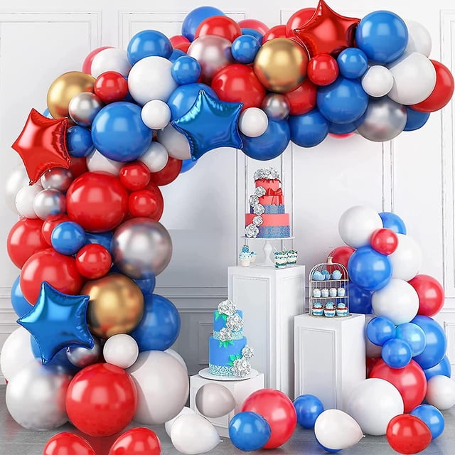 Arco de globos, arco de globos de cumpleaños, kit de arco de globos rojo, blanco y azul, 77 piezas con globos dorados, globos de látex para cumpleaños