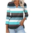 thumbnail image 2 of CLOISE Shirts for Women Fall Cute Striped Blouses Lapel V Neck 3/4 Sleeve Tees Tunic Colorblock Basic Tops Elegant Clothes Light Blue XL, 2 of 5