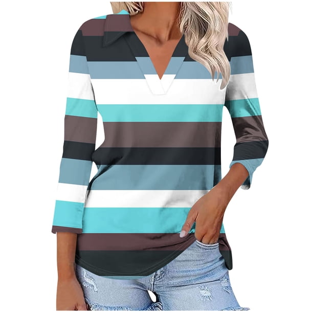 Camiseta de Solapa de Cuello en V de la Manga Superior de 3/4 de las Mujeres, Uso Diario Cómodo Casual