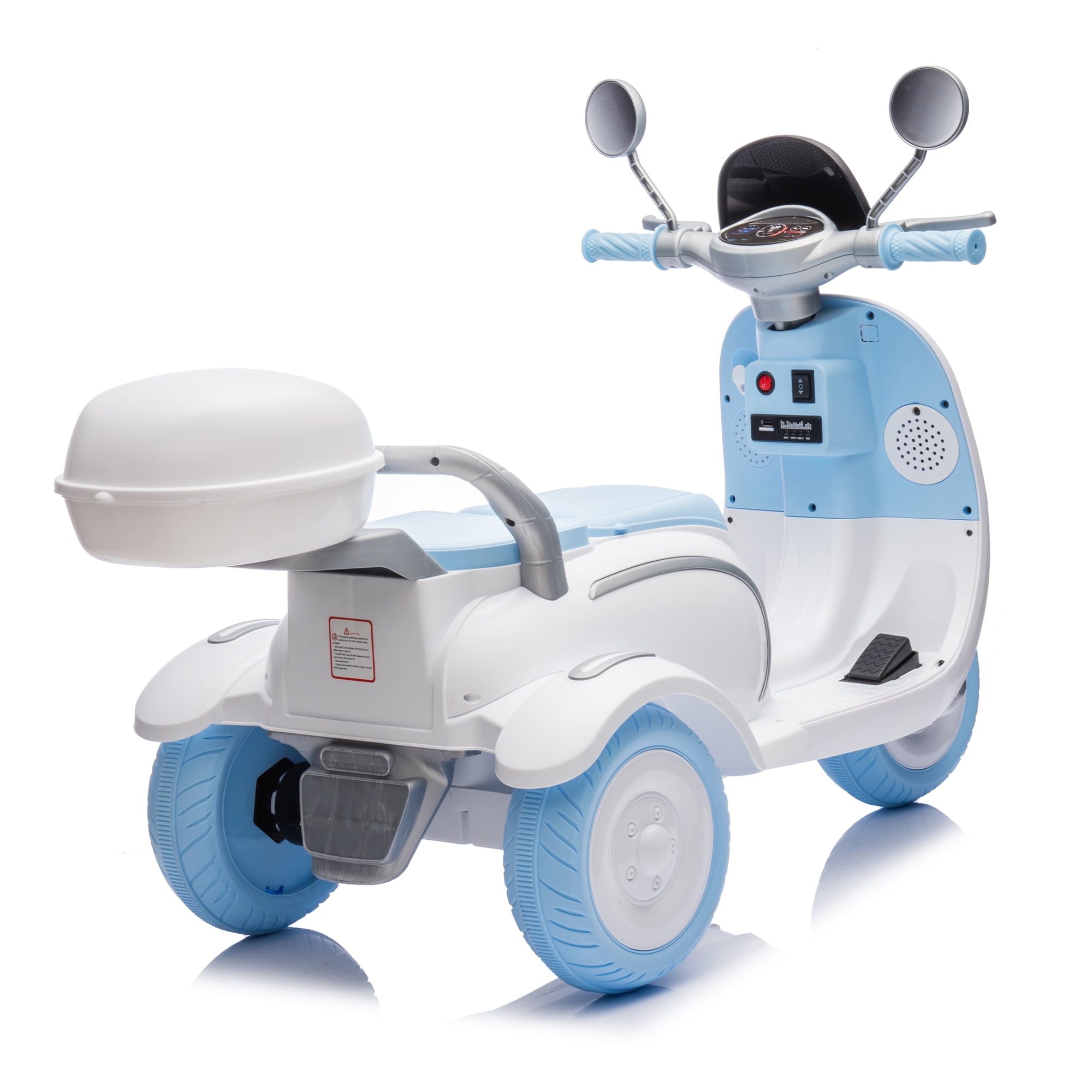 WRXELAN 12V 2-Motor Kids Ride-On Motorcycle – 3-Wheel Electric Toy w/ Music, Bluetooth, USB, LED Headlight, Flip-Up Rear Adult Seat, Storage Hooks & Oversized Trunk – Blue, for Ages 3-6