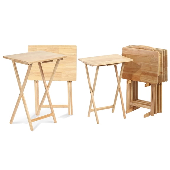 PJ Wood Folding TV Snack Tray Table with Compact Storage Rack, (Set of 7)