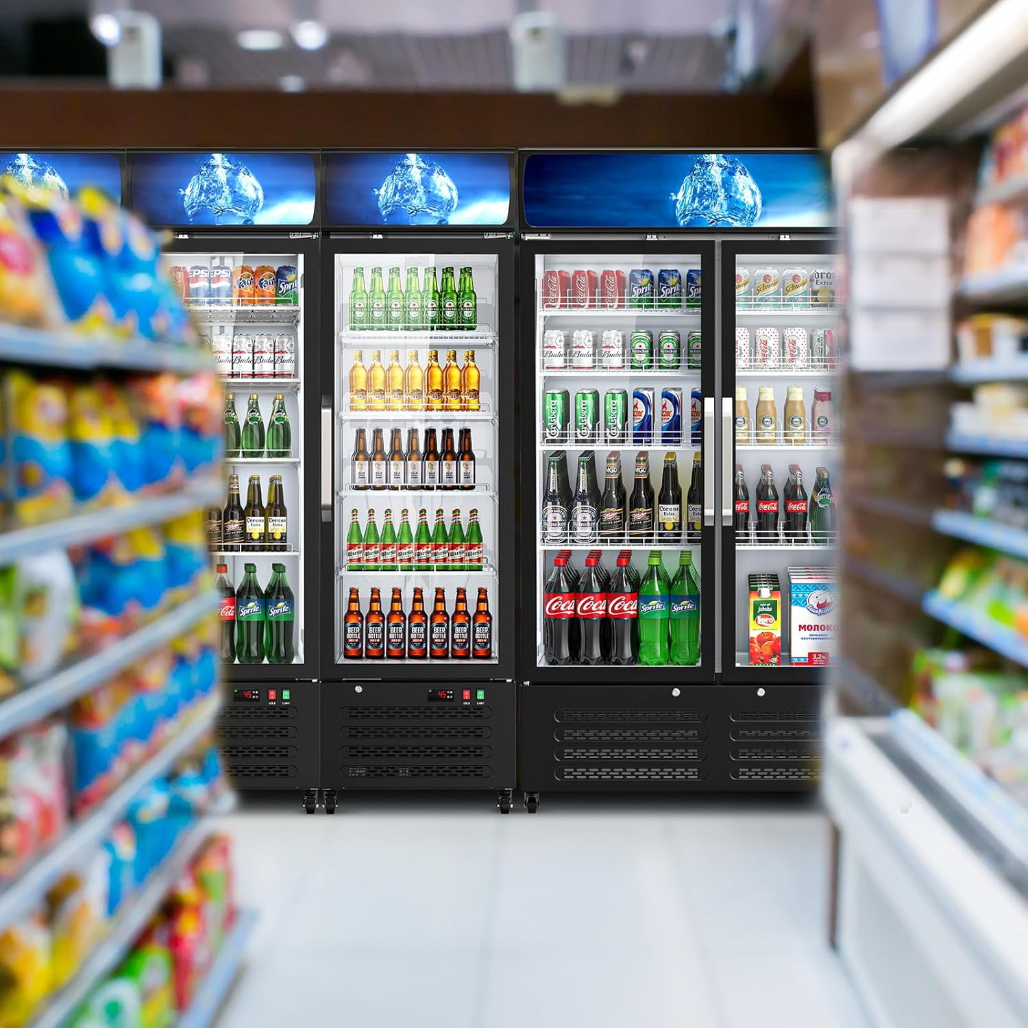12 Cu Ft Commercial Beverage Fridge w/ Glass Door & LED Light - Freestanding Display Cooler for Shop, Restaurant, Business