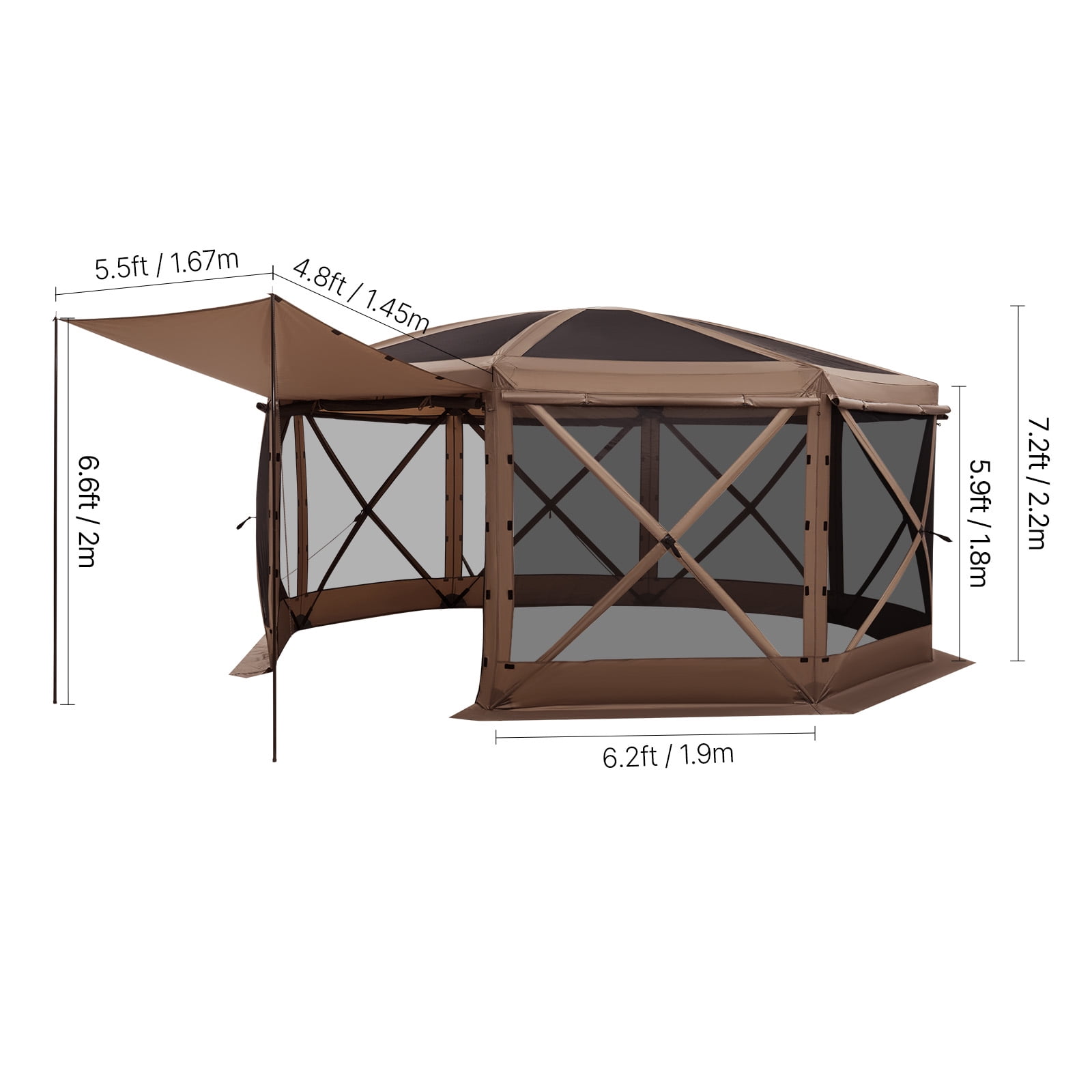KFFKFF Pop-Up Gazebo Screen Tent, 15 x 15 ft 8-Sided Canopy with Detachable Roof & Storage Bag, Easy Setup & Insect-Resistant, Screened Sun Shelter for 12-15 People Outdoor Use, Brown