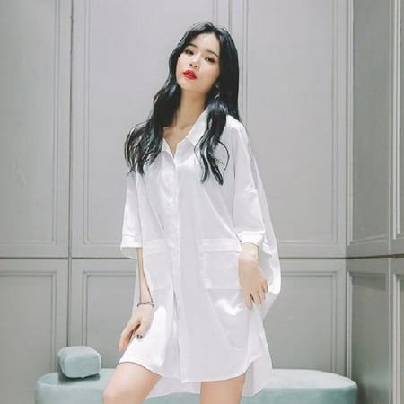 

PIKADINGNIS New Arrivals Spring Summer Silk Womens Sleepwear Short Sexy Sleepshirt White shirt Ladies Nightgown Girl Outwear Nightdress