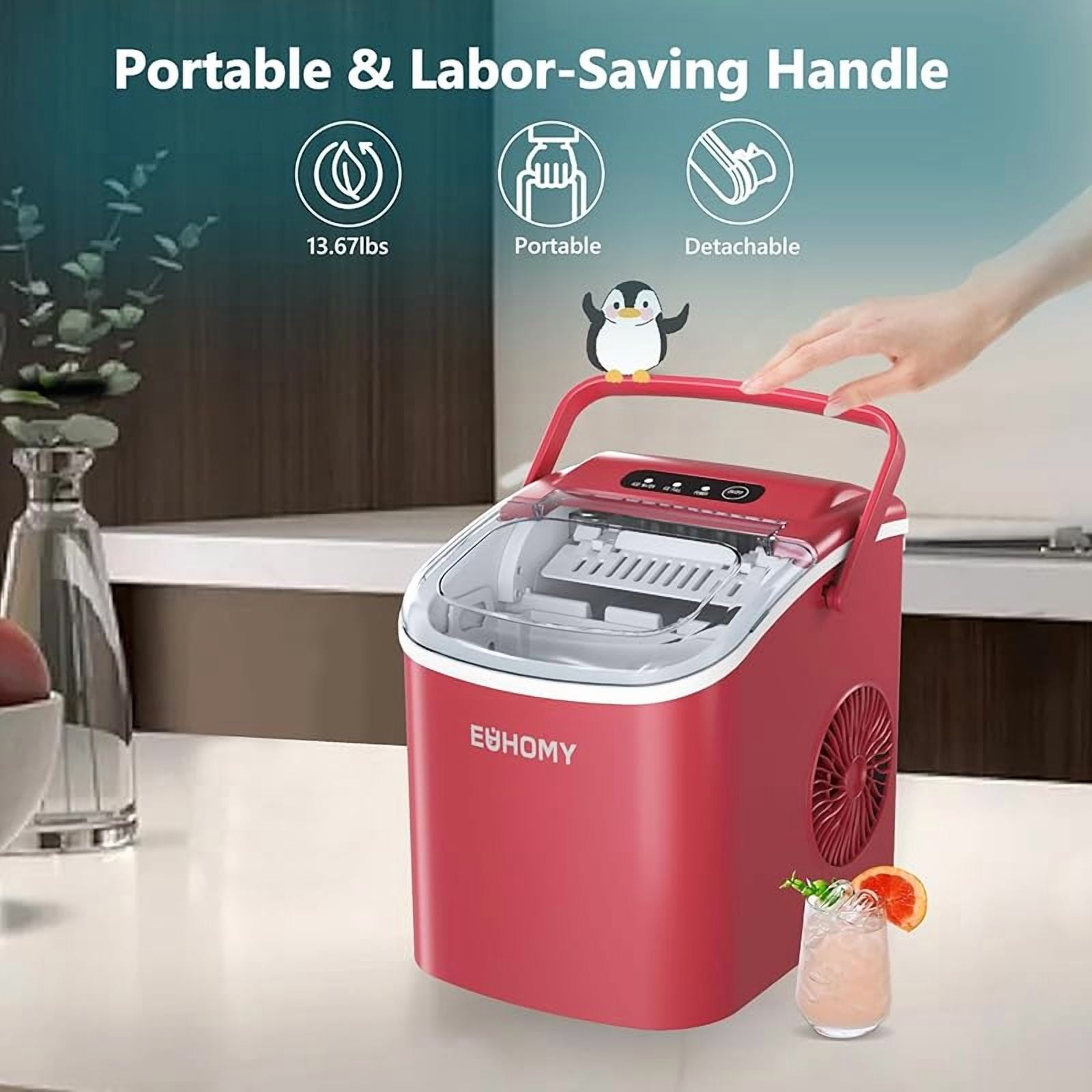 Countertop Ice Maker Machine with Handle, 26lbs Per Day, 9 Ice Cubes Ready in 6 Mins, Auto-Cleaning Portable Ice Maker with Basket and Scoop, for Home/Kitchen/Camping/RV (Red)