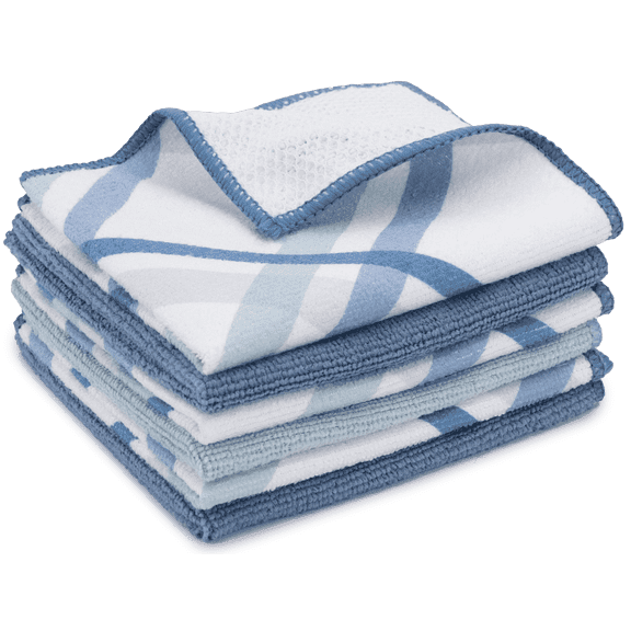 S&T INC. Dish Cloths for Washing Dishes, Microfiber Cleaning Cloth, Blue/Plaid, 12 inch x 12 inch, 6 Pack Includes 3x Dish Scrubber, 3x Solid Cloths