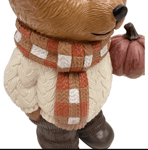 Resin Bear with Pumpkin Decorative Figurine, Multicolor, 6", Thanksgiving Bear Figurine Wearing Plaid Scarf, Cute Fall Season Tabletop Home Decoration