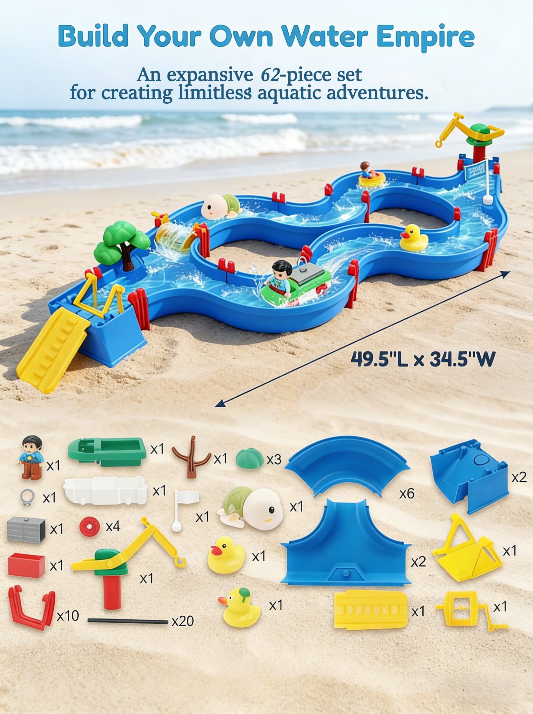 WIDELAND Water Table for Kids, 62PCS Construction Set with Blue Tracks, Floating Boats & Figures, Build Your Own Aqua Coaster Ages 3+, Summer Water Fun Gift