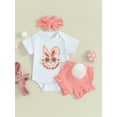 thumbnail image 4 of Bslissey Infant Baby Girls Shorts Set Short Sleeve Letter Bunny Print Romper + Ruffles Shorts + Bow Headband 3M 6M 12M 18M Newborn Cute Daily Outfits Easter Clothes, 4 of 9