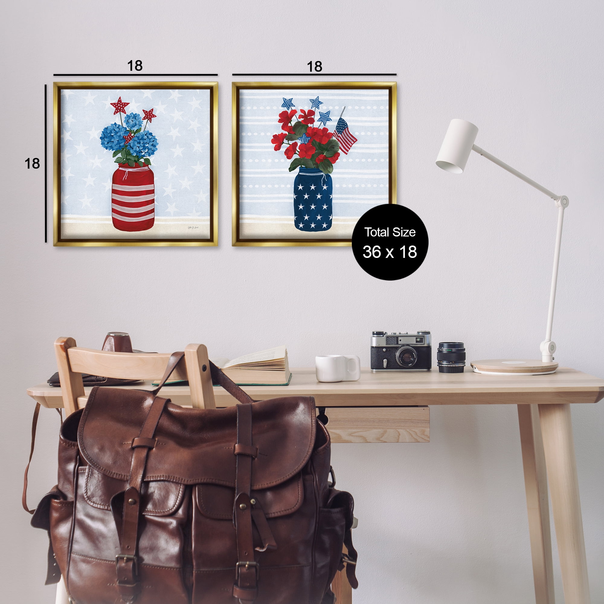 Stupell Industries Patriotic Stripes & Stars Florals Patriotic Painting Gold Floater Framed Canvas Art Print Wall Art, 18 x 18, Set of 2