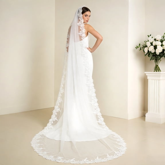 Cathedral Wedding Veil, Long Bridal Tulle Veil with Lace Applique Edge & Comb, Wedding Hairwear, Cream White