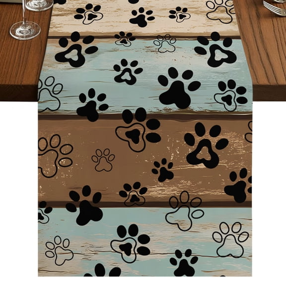 Black Paw Print Table Runner 120 Inches Long, Cotton Linen Table Runner Dresser Scarf, Farmhouse Vintage Shabby Wood Grain Fabric Tablerunners for Dining Coffee Tables Wedding Holiday Party 13"x120"