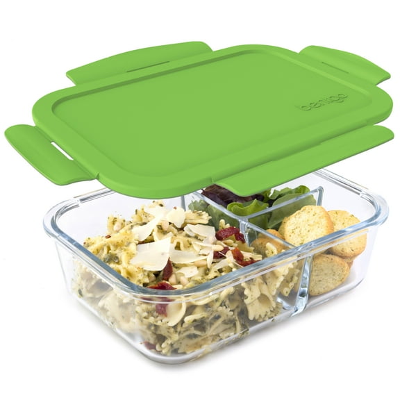 Bentgo Glass (Green) – Leak-Proof, 3-Compartment Oven-Safe Glass Lunch Container | Ideal for Portion-Control, Food Storage & Healthy On-the-Go Meals – FDA-Approved, BPA-Free, Food-Safe Materials