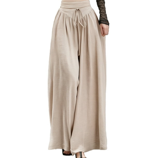 Pantalones casuales de cintura alta y pierna ancha con elástico para mujer: pantalones plisados, ligeramente acampanados, con bolsillos, tejido de poliéster, tallas S-XL
