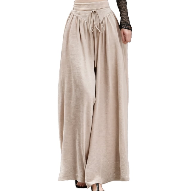 Pantalones casuales de cintura alta y pierna ancha con elástico para mujer: pantalones plisados, ligeramente acampanados, con bolsillos, tejido de poliéster, tallas S-XL