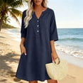 thumbnail image 4 of ClodeEU Women's Linen Blend V Neck 3/4 Sleeve Half Button Midi Dress with Pockets ,Solid Color Casual Summer Dress Navy,Women's Plus L, 4 of 5