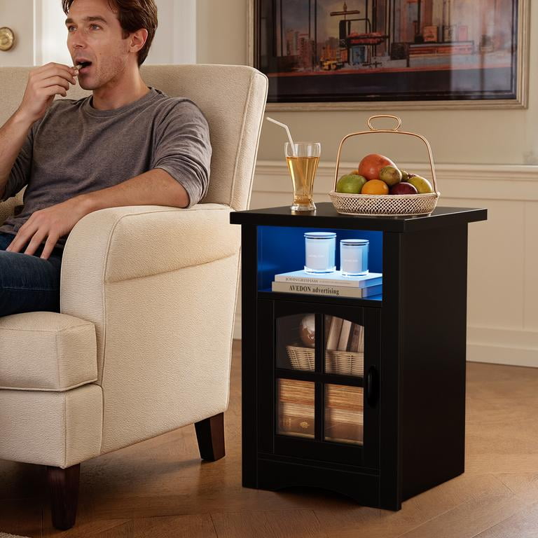 Homall Nightstand with Charging Station & Adjustable LED Lights, End Table Bedside Table with Glass Door & Open Shelf for Bedroom Living Room, Black