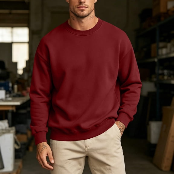 Trikvn Fleece Lined Sweatshirts for Men Crewneck Casual Long Sleeve Pullover Tops Solid Comfortable Drop Shoulder Relaxed Fit Fall Winter Basic Sweat Shirts Activewear