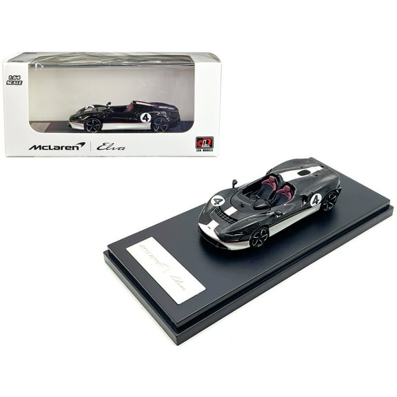 McLaren Elva Convertible #4 Carbon Black with White and Red Stripes 1/64 Diecast Model Car by LCD Models