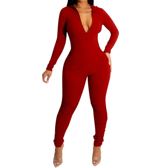 European And American Women's Clothing And Winter Threaded Zipper V Neck Lifting Slim Sexy Jumpsuit