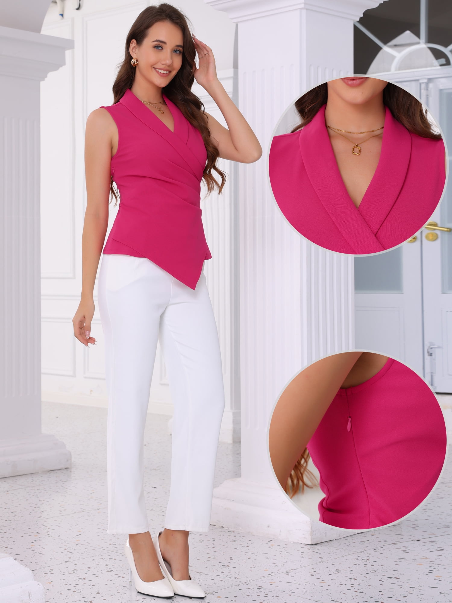 DARING DIVA Women's Sleeveless Lapel Asymmetrical Elegant Shirts XL Hot Pink