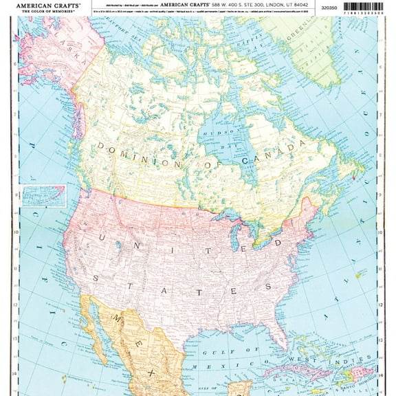 American Crafts Brands Everyday Cardstock 12"X12"-North America Map