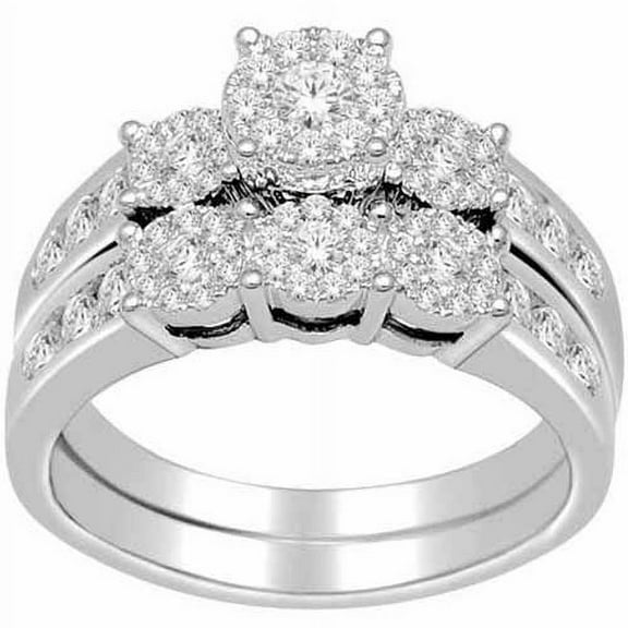 1 Carat T.W. Diamond 10kt White Gold Three-Stone Round-Shape Bridal Ring Set