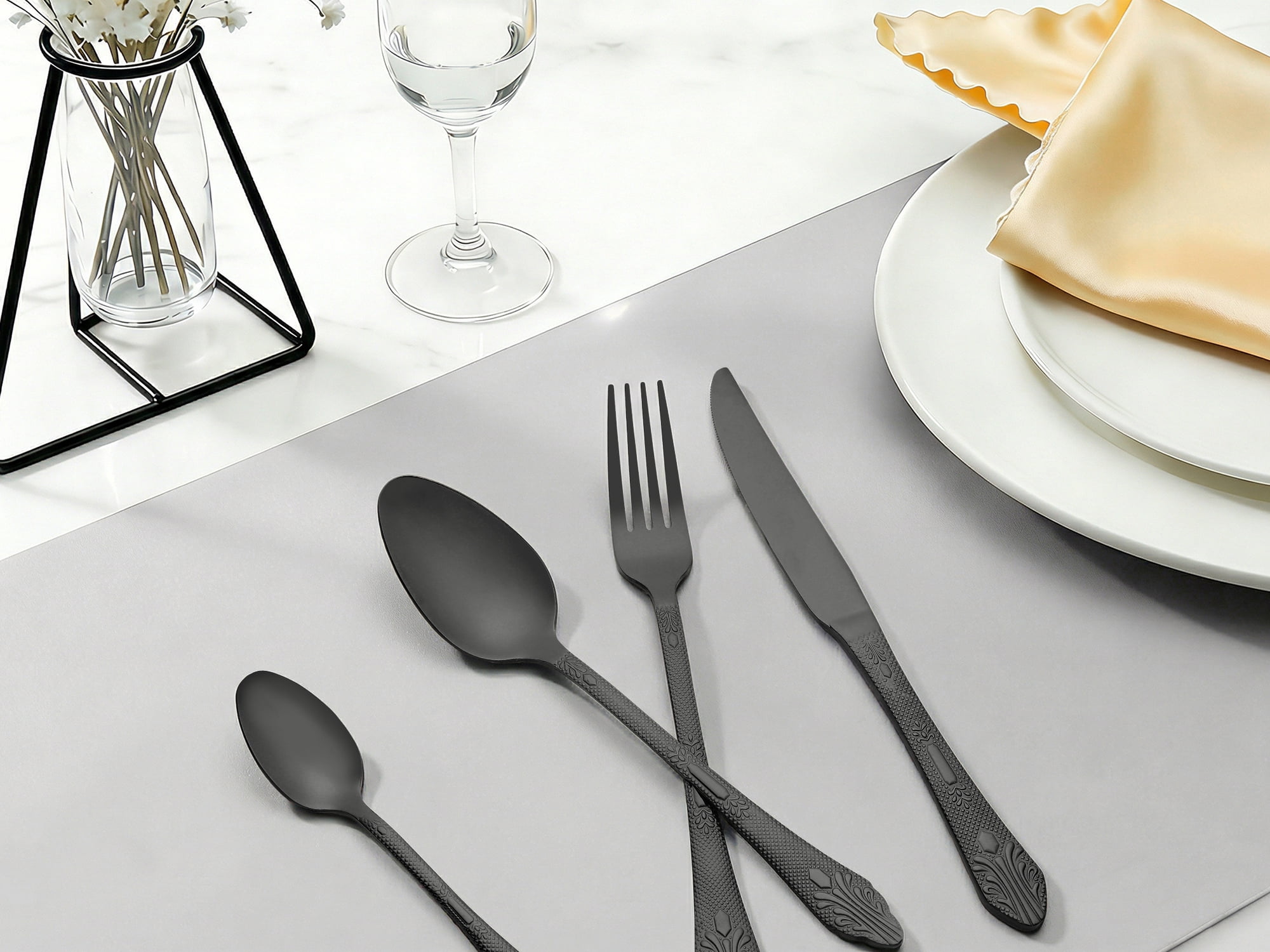 Unique Bargains 4 Piece Silverware Set Stainless Steel Floral Flatware Set Black 4