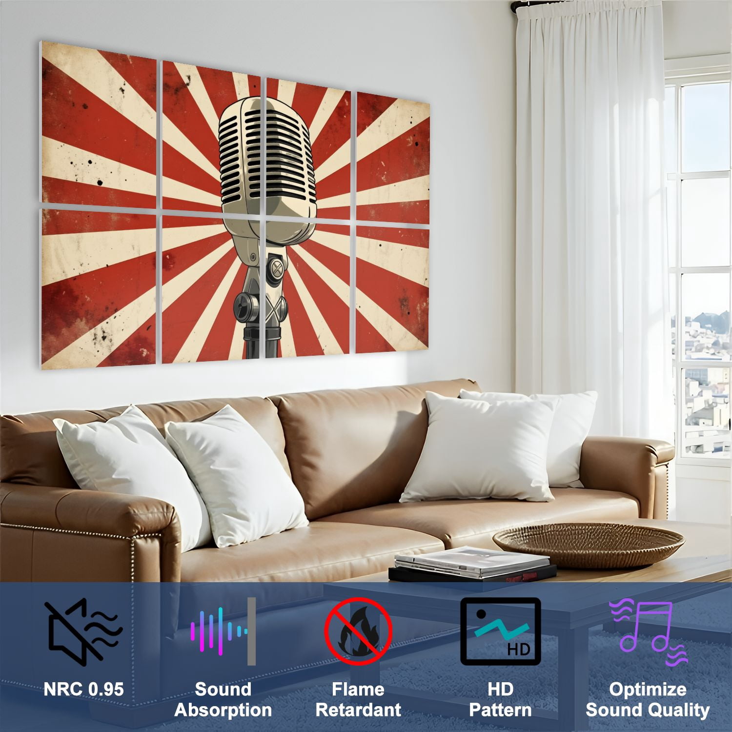 Musical 8 Pack Art Acoustic Panels Sound Absorbing Retro Vintage Microphone Red White Sunburst Decorative Soundproof Wall Panels Self Adhesive for Nursery Game Room Music Classroom 48"x32"