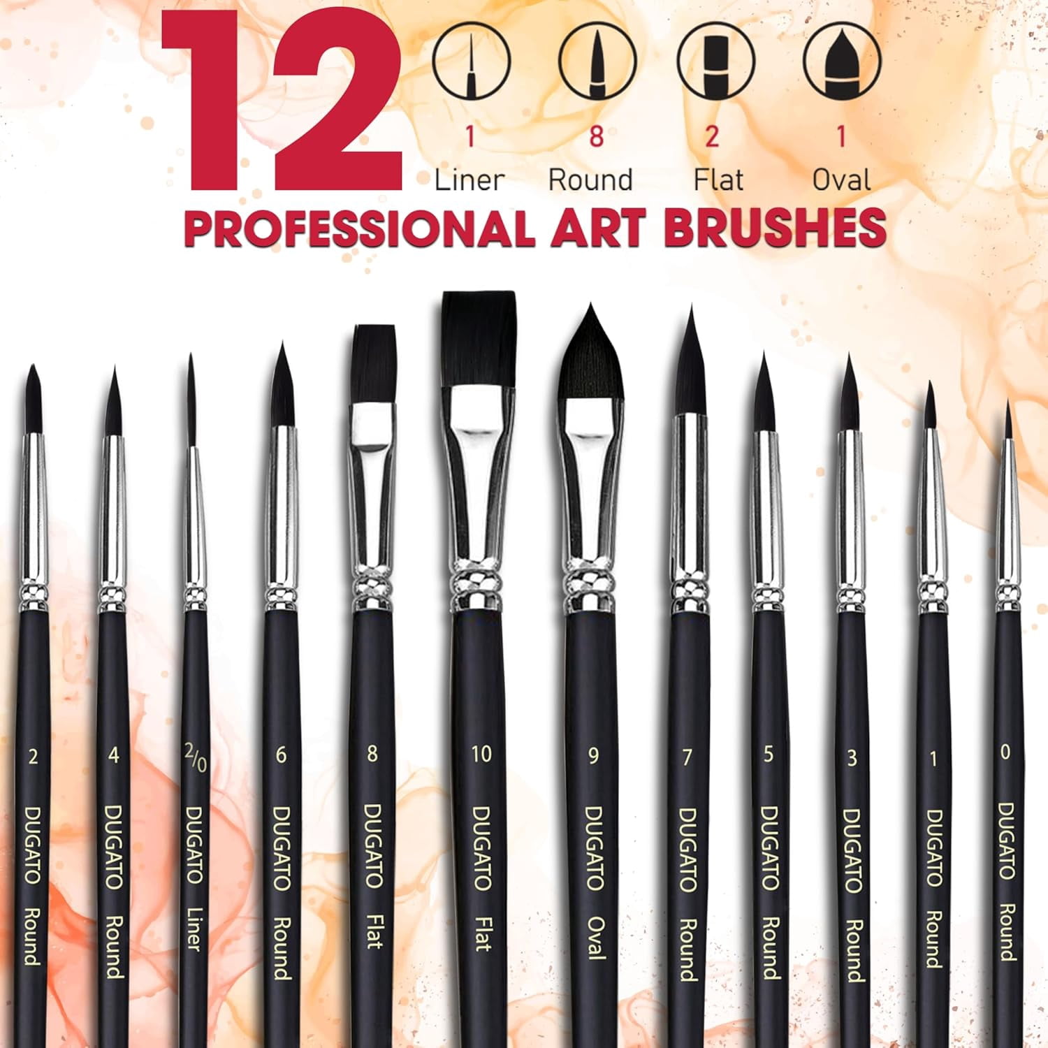 JJEAN-Watercolor Brushes Professional, 12pc Artist Paint Brush Set - Synthetic Bristles (Round, Flat, Liner, Oval) for Watercolor Gouache Inks Painting