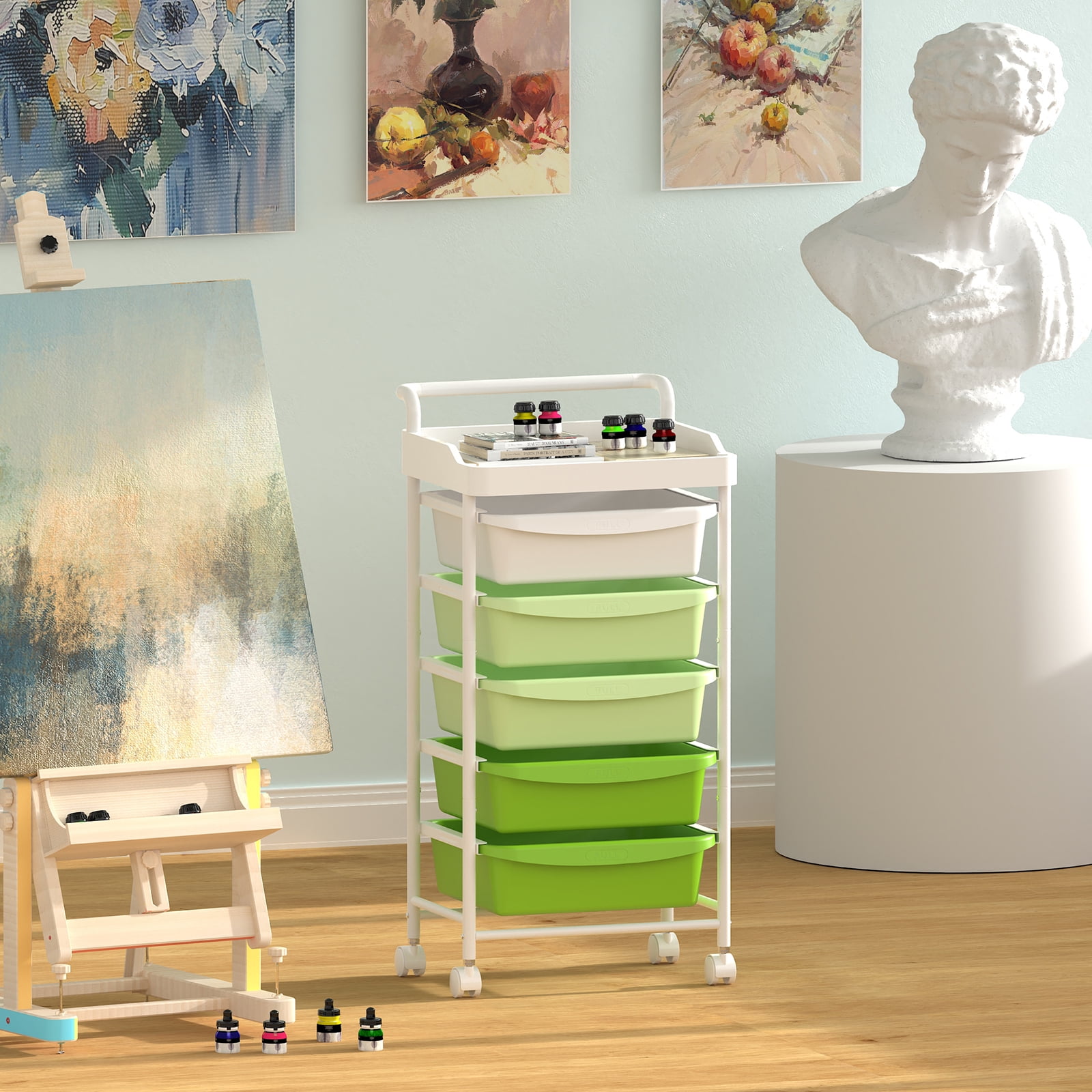 Drawer Rolling Storage Cart, Multipurpose Movable Organizer Cart, Mobile Utility Storage Cart with Removable Drawers & Lockable Wheels, Craft Cart for Home Office, Green