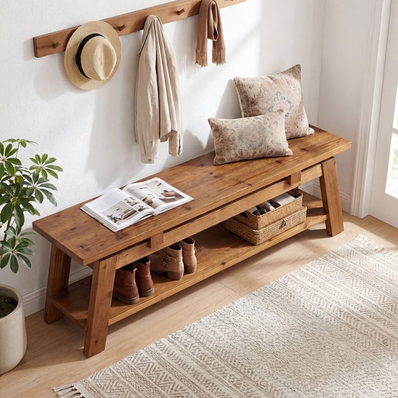 Finmind 55" Solid Wood Entryway Bench, Farmhouse End of Bed Bench with Shoe Storage
