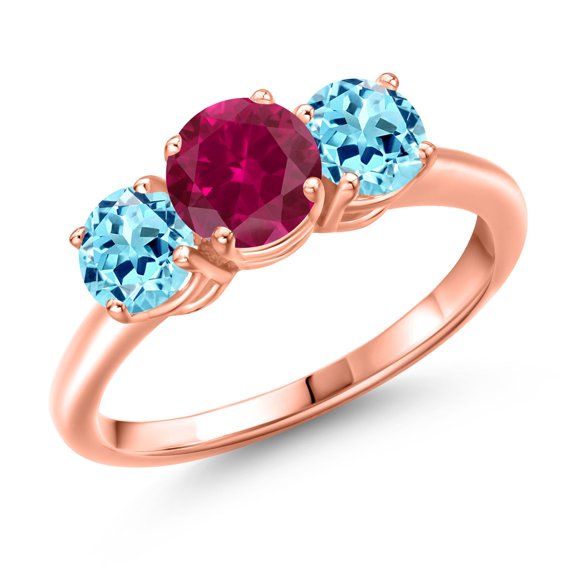Gem Stone King 18K Rose Gold Plated Silver Red Created Ruby and Blue Apatite Engagement Ring for Women | 1.99 Cttw | Round 6MM | Gemstone July Birthstone | Size 9
