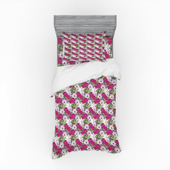 Ambesonne Floral Bedding Set 3 Pcs, Bold Roses Lilies Chamomiles, Twin, Magenta Purple