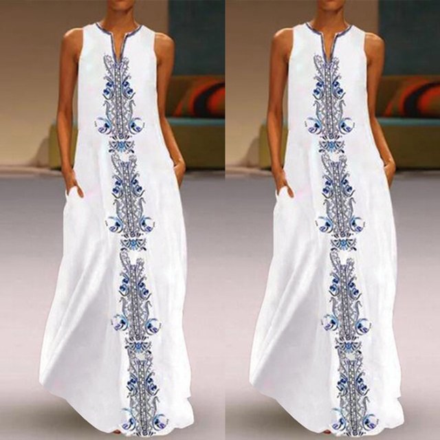 SMihono Robe Bohème d'Été pour Femmes Grande Taille Femmes Vintage Quotidienne Décontractée Sans Manches à Rayures Imprimée à Col en V Robe Maxi d'Été