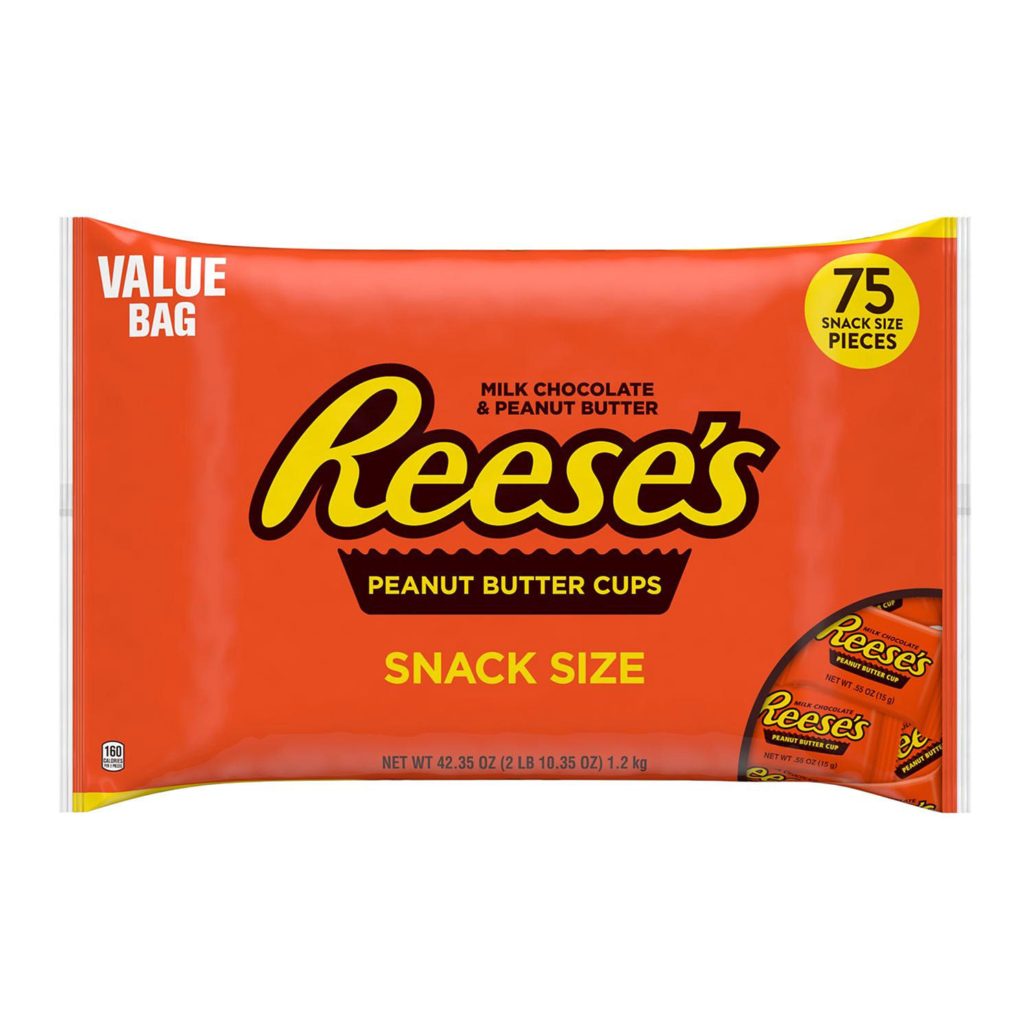 REESE'S Milk Chocolate Peanut Butter Snack Size Cups Candy, Bulk, Value Bag (42.35 oz, 75 pc