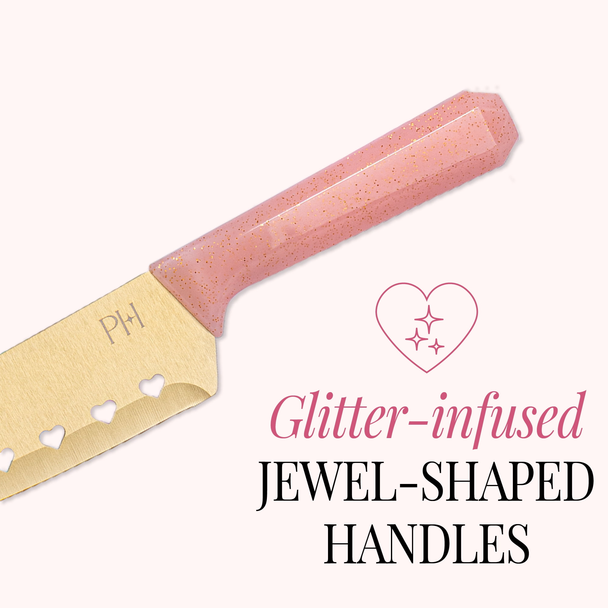 Paris Hilton 2-Piece Santoku Knife Set, Titanium-Coated Stainless Steel Blades with Heart Cut-Outs, Pink Jewel-Faceted Handles
